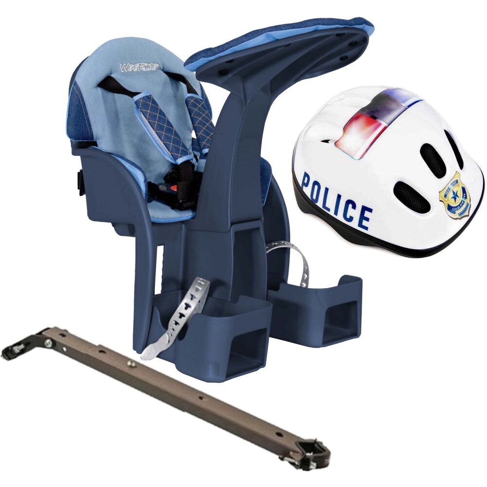 WeeRide Scaun bicicleta copii SafeFront Deluxe pozitie montare centru 15 kg si casca protectie XS 44-48 Police denim