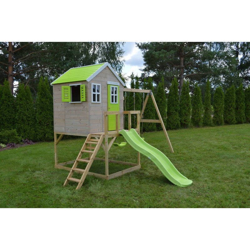 Wendi Toys Casuta de gradina cu platformatobogan si leagan dublu (M28L) Lime Lodge