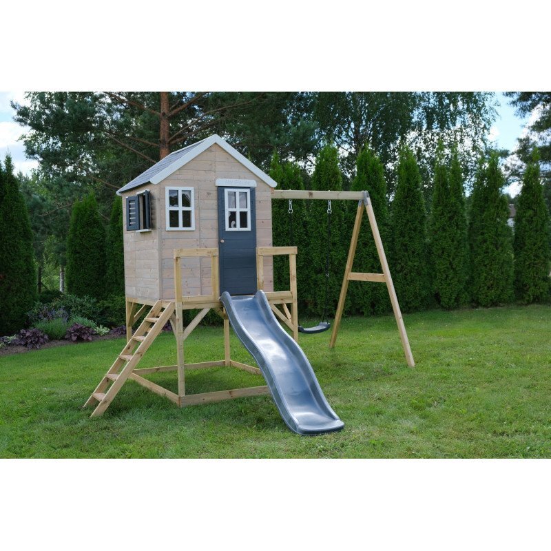 Wendi Toys Casuta de gradina grey Lodge cu platforma tobogan si leagan