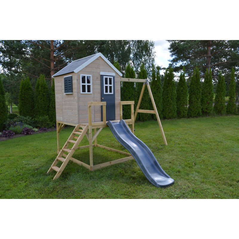 Wendi Toys Casuta de gradina grey Lodge cu platforma tobogan si leagan