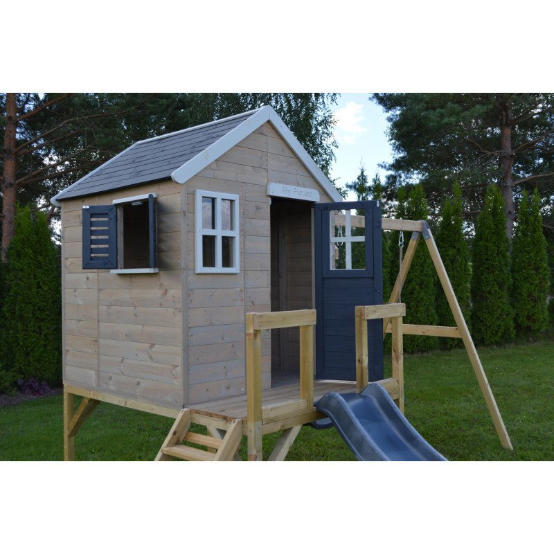Wendi Toys Casuta de gradina grey Lodge cu platforma tobogan si leagan dublu