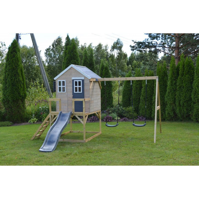 Wendi Toys Casuta de gradina grey Lodge cu platforma tobogan si leagan dublu