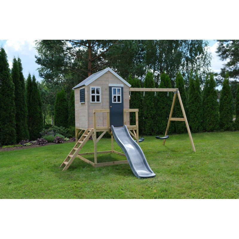 Wendi Toys Casuta de gradina grey Lodge cu platforma tobogan si leagan dublu