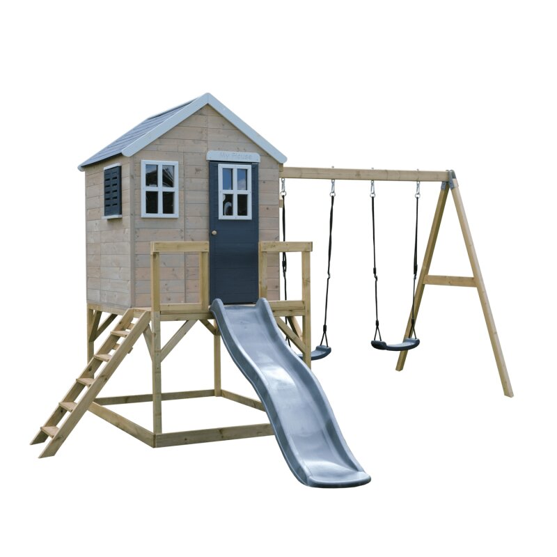 Wendi Toys Casuta de gradina grey Lodge cu platforma tobogan si leagan dublu