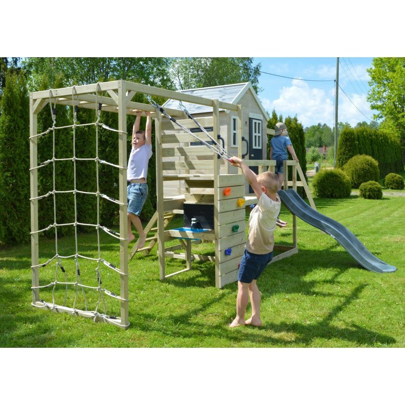 Wendi Toys Casuta de gradina grey Lodge cu tobogan leagan dublu modul sport si bucatarie
