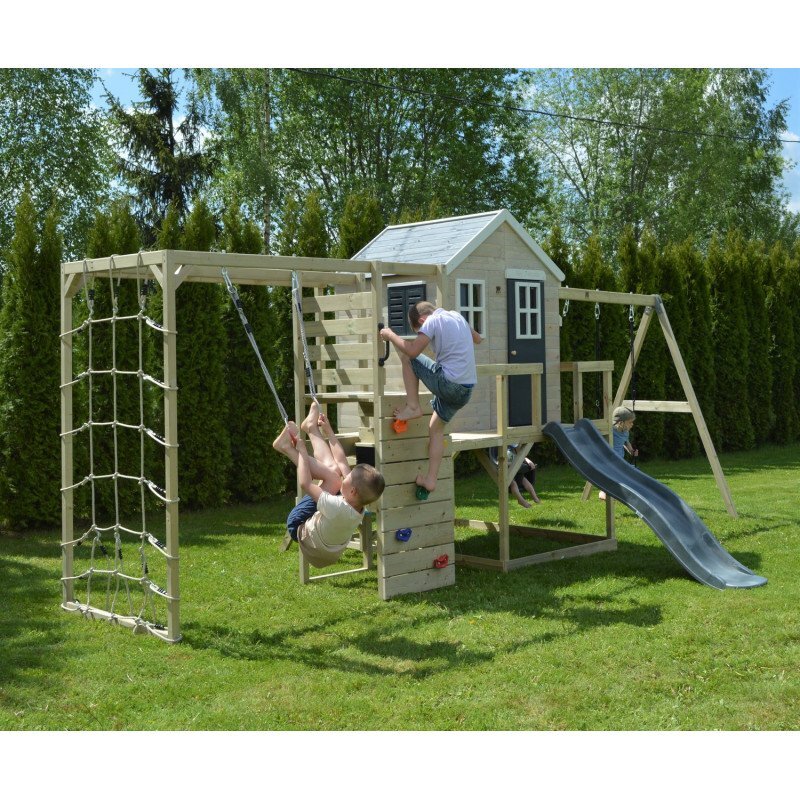 Wendi Toys Casuta de gradina grey Lodge cu tobogan leagan dublu modul sport si bucatarie