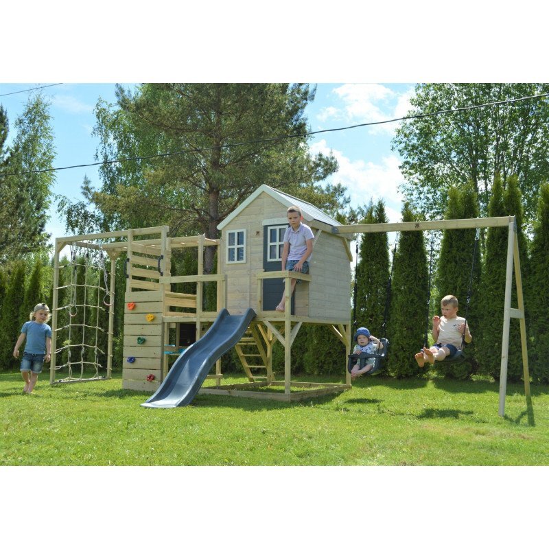 Wendi Toys Casuta de gradina grey Lodge cu tobogan leagan dublu modul sport si bucatarie