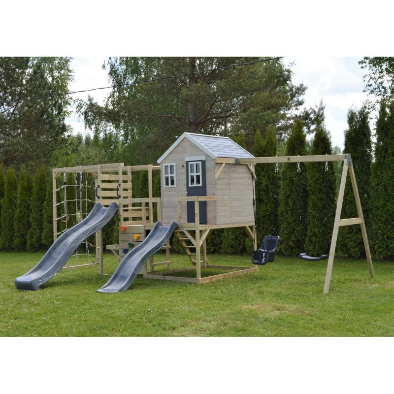 Wendi Toys Casuta de gradina grey Lodge cu tobogan leagan dublu modul sport si bucatarie