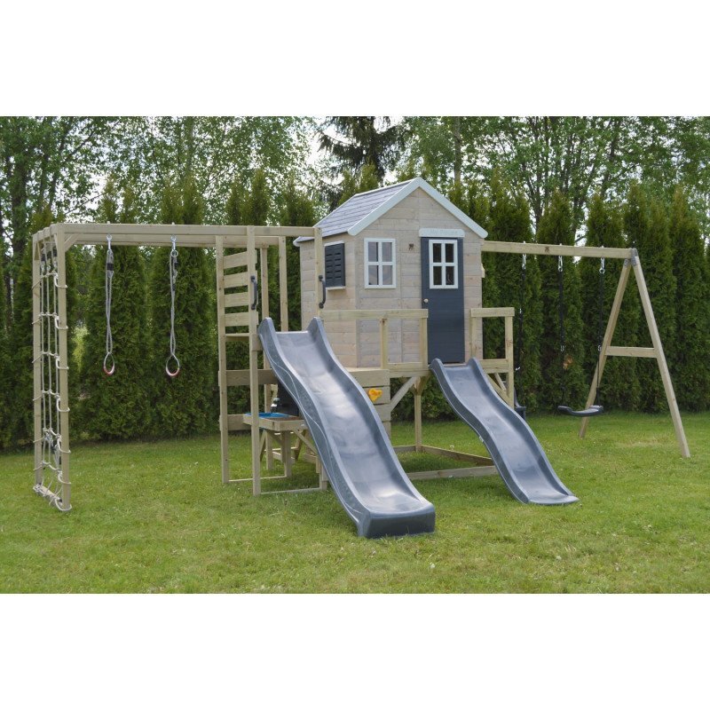 Wendi Toys Casuta de gradina grey Lodge cu tobogan leagan dublu modul sport si bucatarie