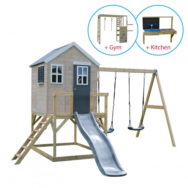 Wendi Toys Casuta de gradina grey Lodge cu tobogan leagan dublu modul sport si bucatarie