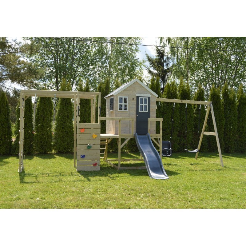 Wendi Toys Casuta de gradina grey Lodge cu tobogan leagan dublu si modul sport