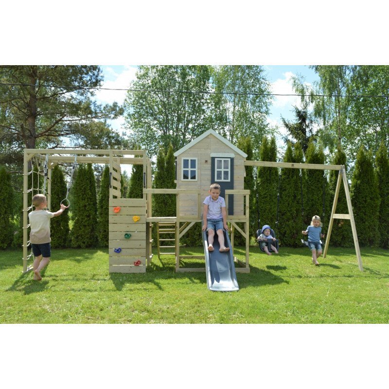 Wendi Toys Casuta de gradina grey Lodge cu tobogan leagan dublu si modul sport