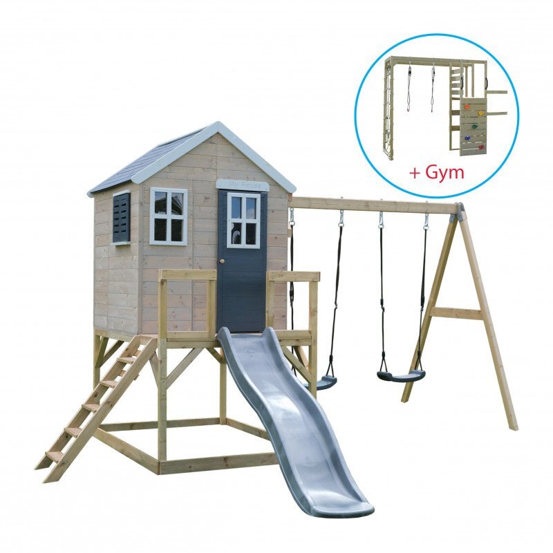 Wendi Toys Casuta de gradina grey Lodge cu tobogan leagan dublu si modul sport
