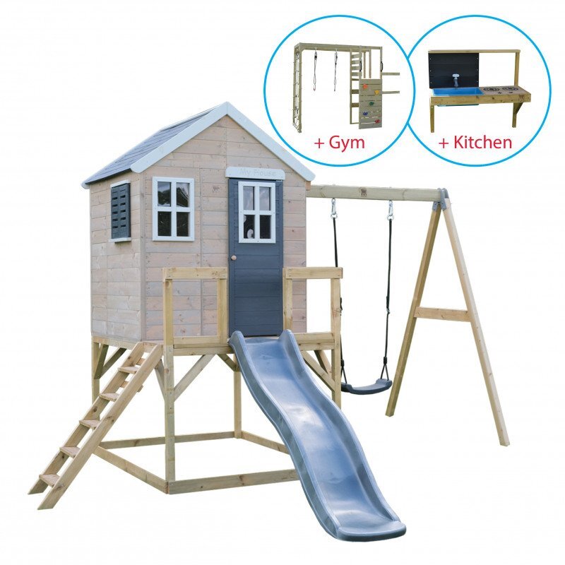 Wendi Toys Casuta de gradina grey Lodge cu tobogan leagan modul sport si bucatarie