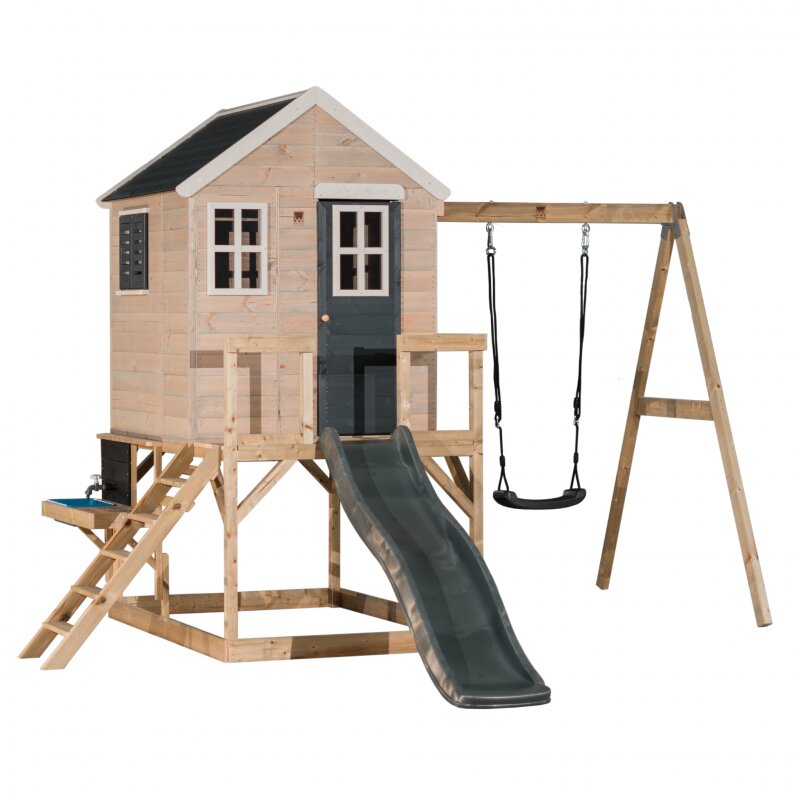 Wendi Toys Casuta de gradina Grey Lodge cu tobogan leagan si bucatarie