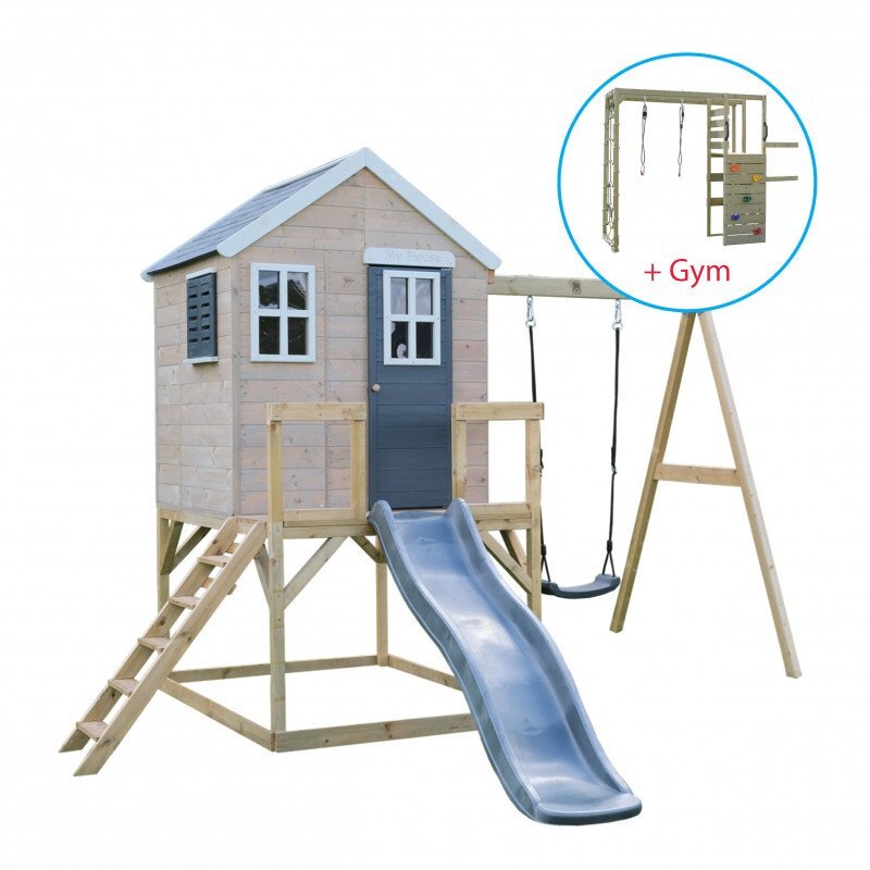 Wendi Toys Casuta de gradina grey Lodge cu tobogan leagan si modul sport