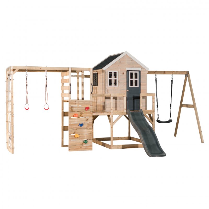 Wendi Toys Casuta de gradina grey Lodge cu tobogan leagan si modul sport