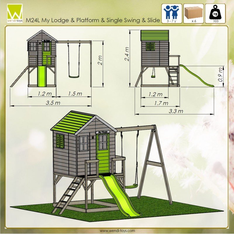 Wendi Toys Casuta de gradina Lime Lodge cu platforma tobogan si leagan M24L