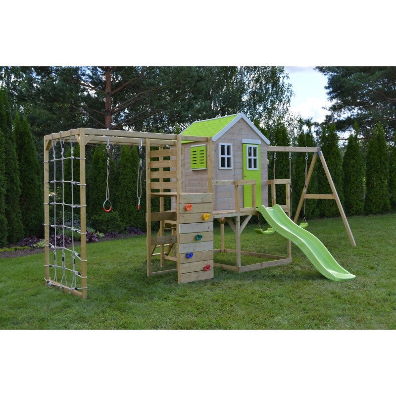 Wendi Toys Casuta de gradina Lime Lodge cu tobogan leagan dublu modul sport