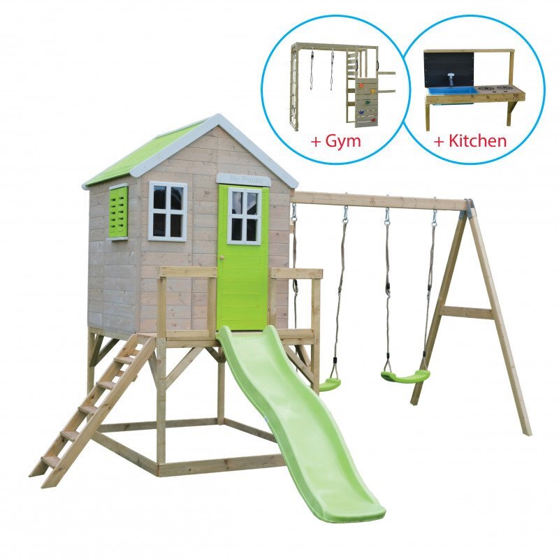 Wendi Toys Casuta de gradina Lime Lodge cu tobogan leagan dublu modul sport si bucatarie