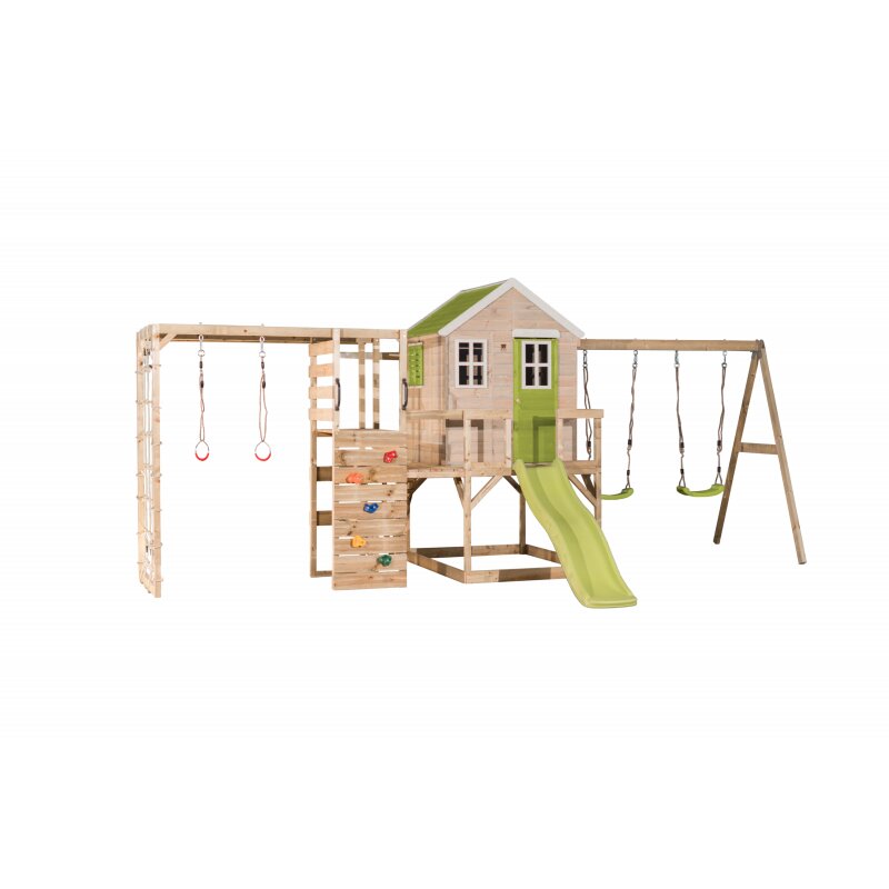 Wendi Toys Casuta de gradina Lime Lodge cu tobogan leagan dublu modul sport si bucatarie