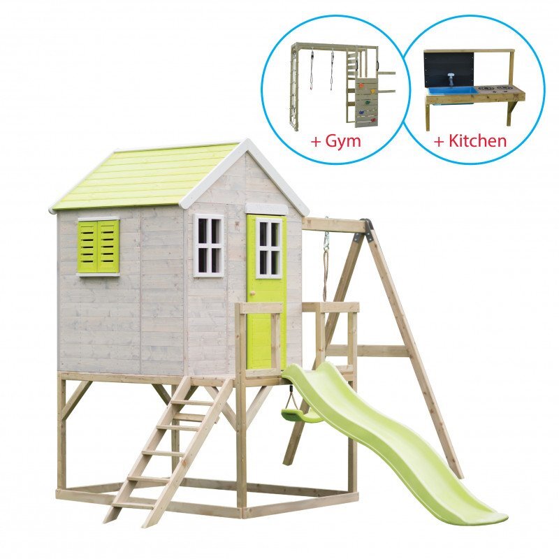 Wendi Toys Casuta de gradina lime Lodge cu tobogan leagan modul sport si bucatarie