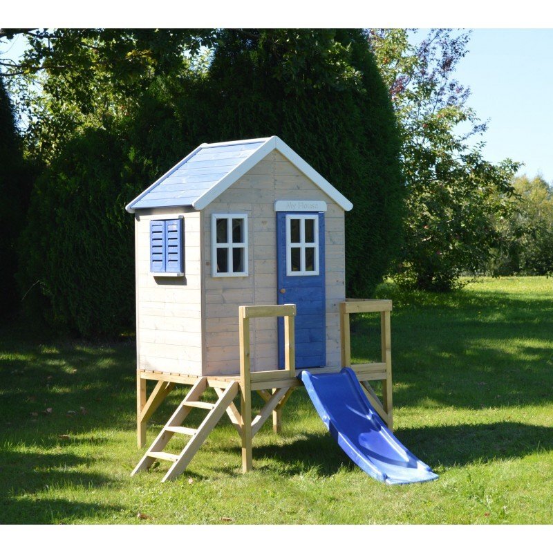 Wendi Toys Casuta de gradina My Blue Cottage House cu platforma si tobogan albastru