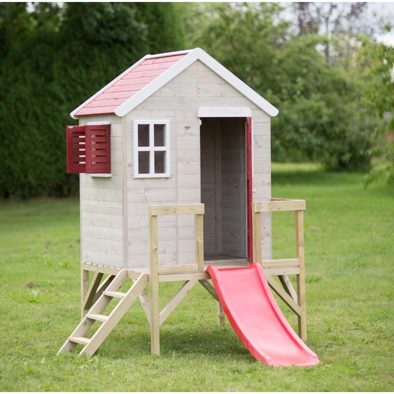 Wendi Toys Casuta de gradina My Red Cottage House cu platforma si tobogan roz