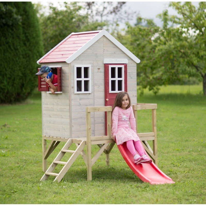 Wendi Toys Casuta de gradina My Red Cottage House cu platforma si tobogan roz