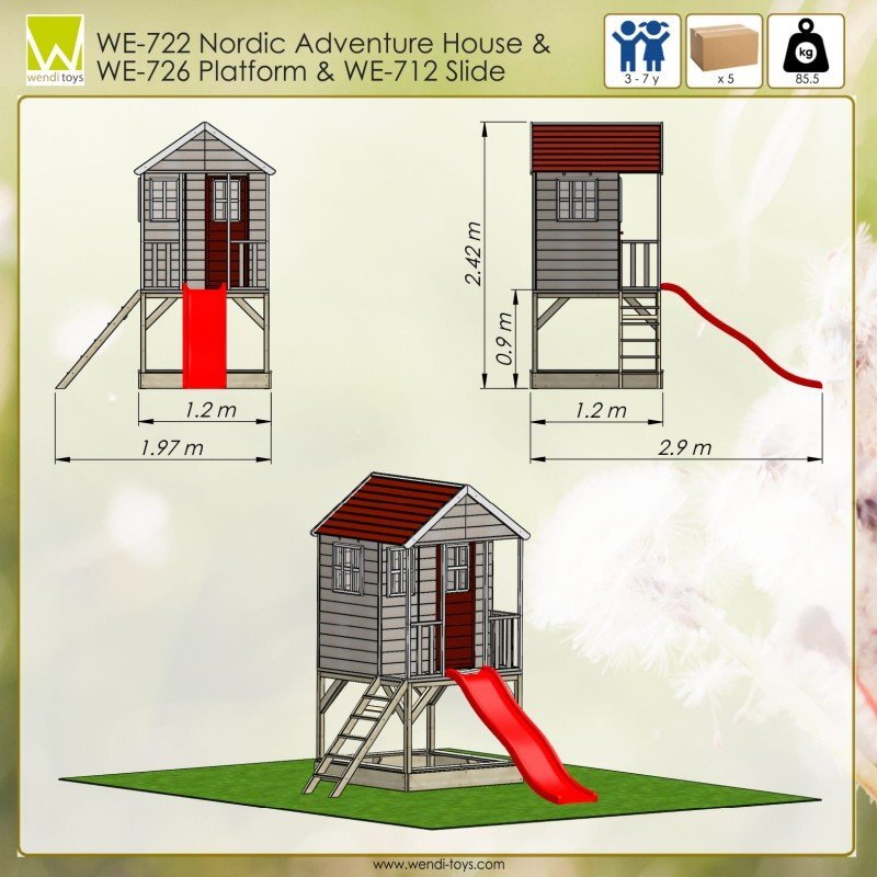 Wendi Toys Casuta de gradina Nordic Adventure House cu platforma cu loc pentru nisip si tobogan M8