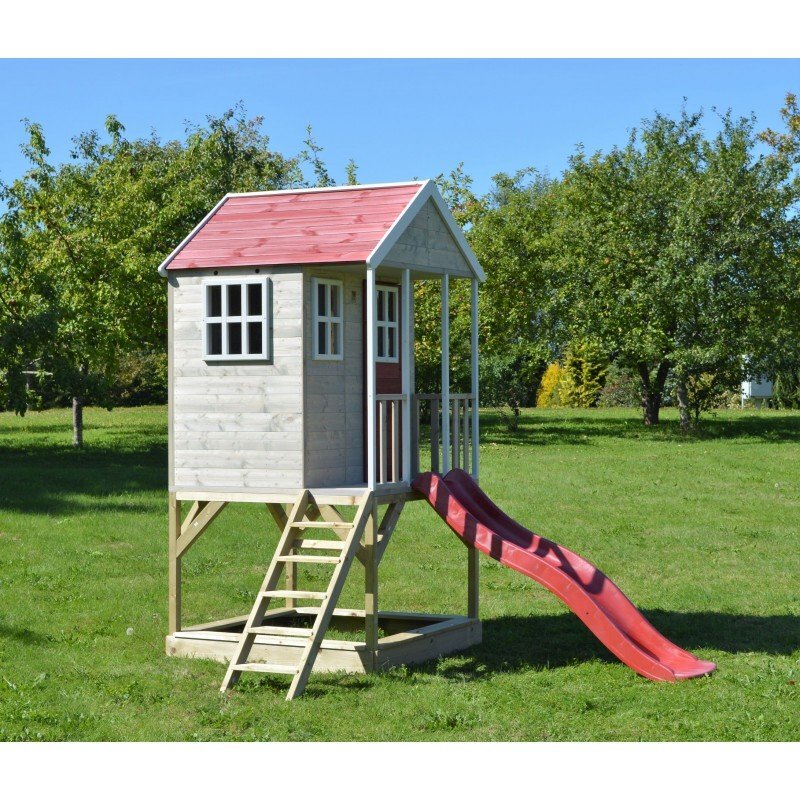 Wendi Toys Casuta de gradina Nordic Adventure House cu platforma cu loc pentru nisip si tobogan M8