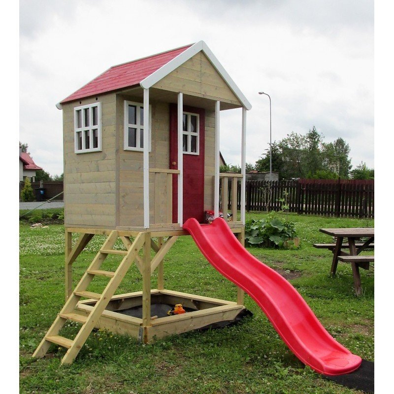 Wendi Toys Casuta de gradina Nordic Adventure House cu platforma cu loc pentru nisip si tobogan M8