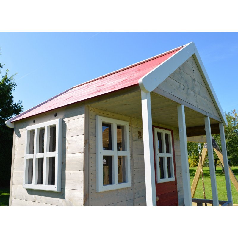 Wendi Toys Casuta de gradina Nordic Adventure House cu platforma cu loc pentru nisip tobogan si leagan dublu (M30R)