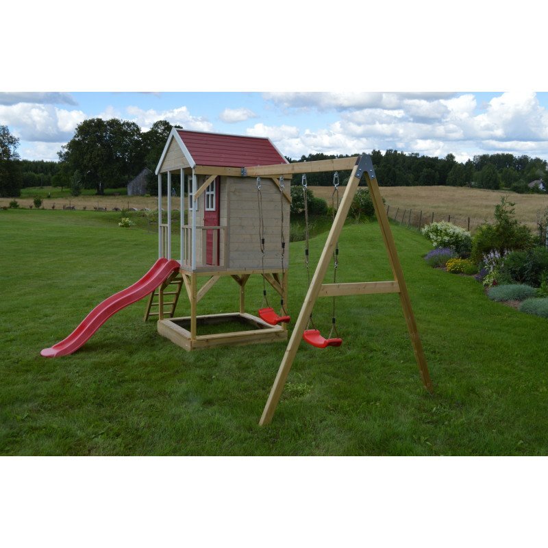 Wendi Toys Casuta de gradina Nordic Adventure House cu platforma cu loc pentru nisip tobogan si leagan dublu (M30R)