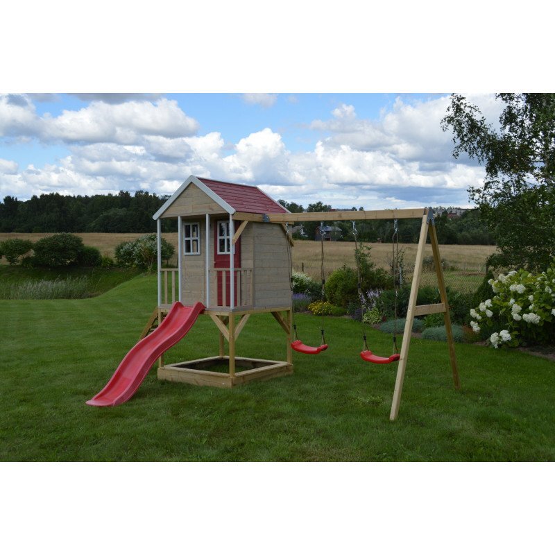 Wendi Toys Casuta de gradina Nordic Adventure House cu platforma cu loc pentru nisip tobogan si leagan dublu (M30R)