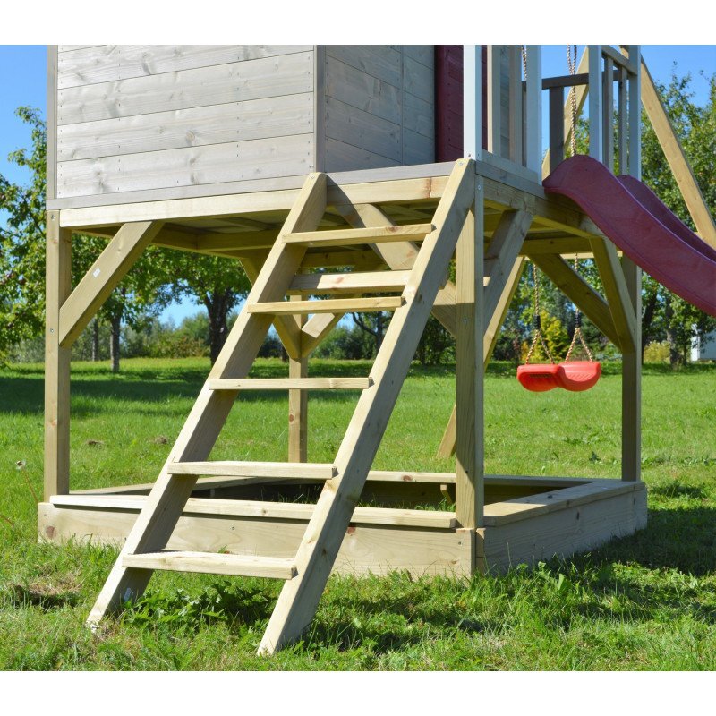 Wendi Toys Casuta de gradina Nordic Adventure House cu platforma cu loc pentru nisip tobogan si leagan dublu (M30R)