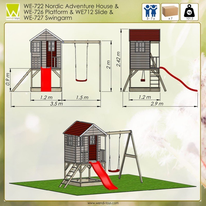 Wendi Toys Casuta de gradina Nordic Adventure House cu platforma cu loc pentru nisip tobogan si leagan M10