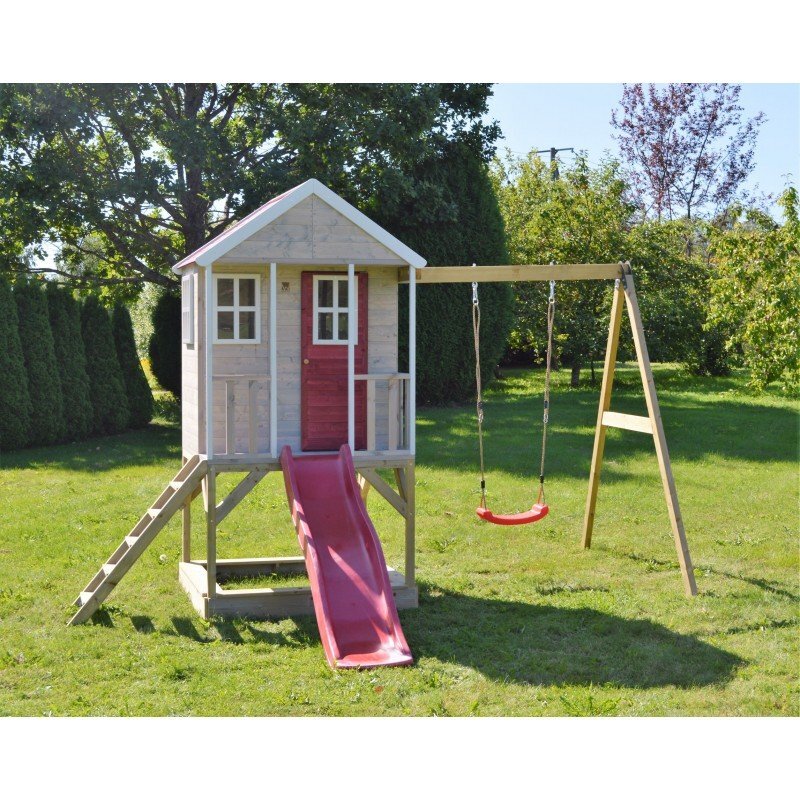 Wendi Toys Casuta de gradina Nordic Adventure House cu platforma cu loc pentru nisip tobogan si leagan M10