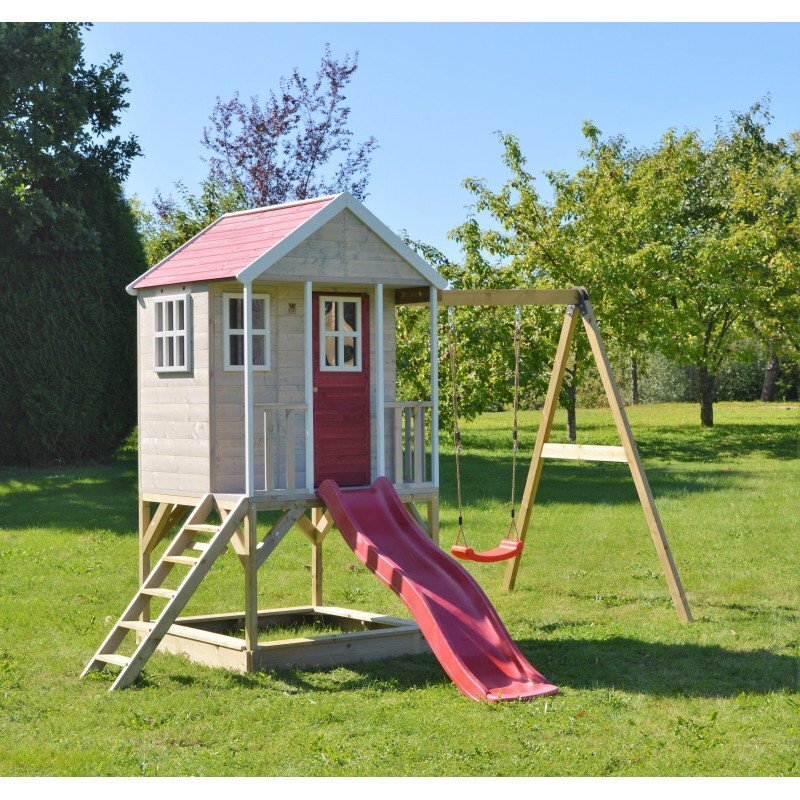 Wendi Toys Casuta de gradina Nordic Adventure House cu platforma cu loc pentru nisip tobogan si leagan M10