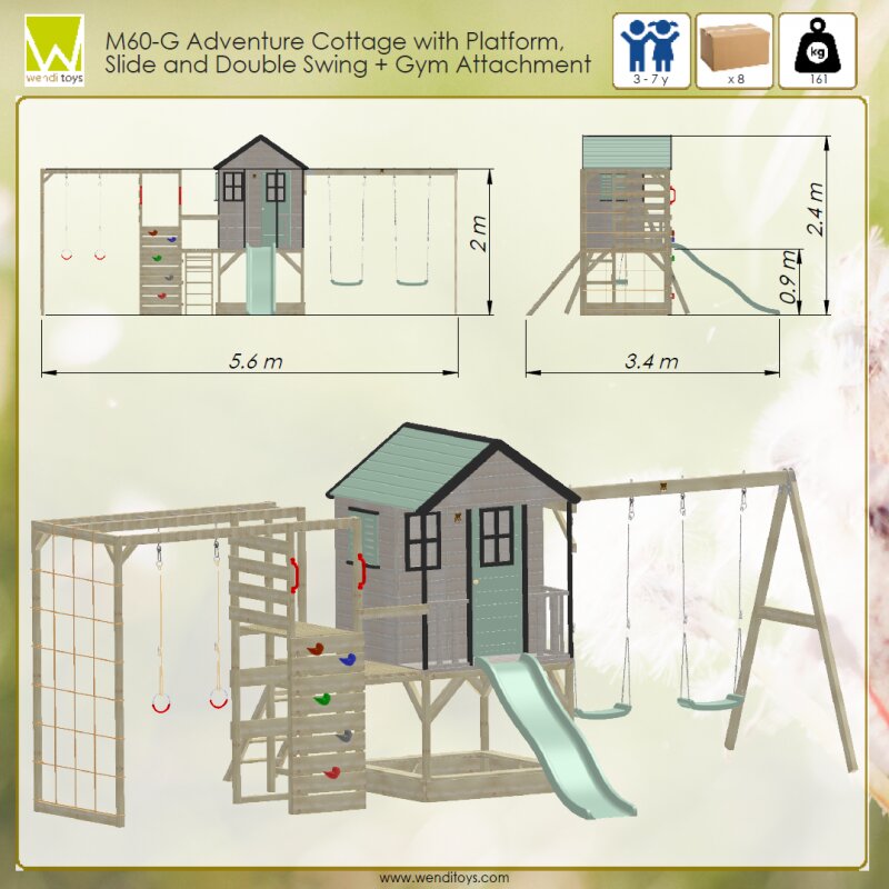 Wendi Toys Casuta de gradina pastel Green Adventure Cottage cu platforma tobogan leagan dublu si modul sport