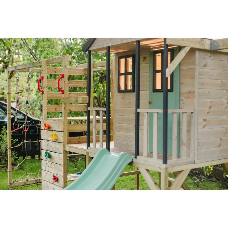 Wendi Toys Casuta de gradina pastel Green Adventure Cottage cu platforma tobogan leagan dublu si modul sport