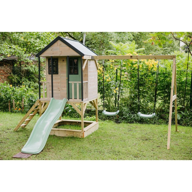 Wendi Toys Casuta de gradina pastel Green Adventure Cottage cu platforma tobogan si leagan dublu