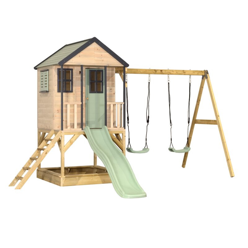 Wendi Toys Casuta de gradina pastel Green Adventure Cottage cu platforma tobogan si leagan dublu