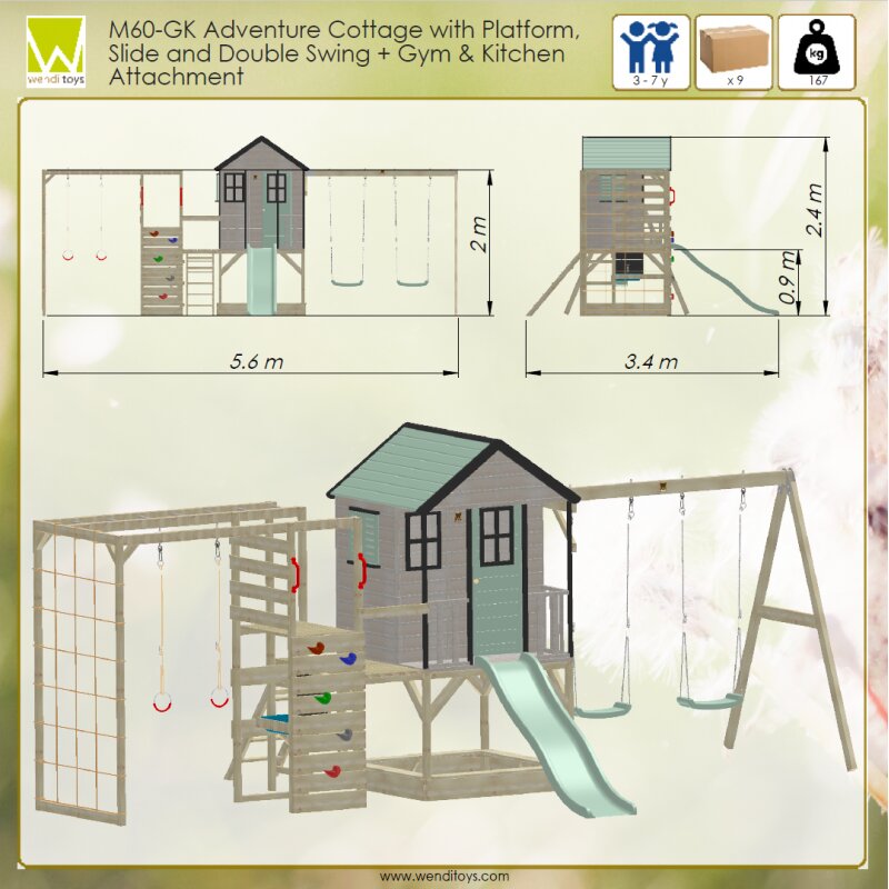 Wendi Toys Casuta de gradina pastel Green Adventure Cottage cu tobogan leagan dublu modul sport si bucatarie