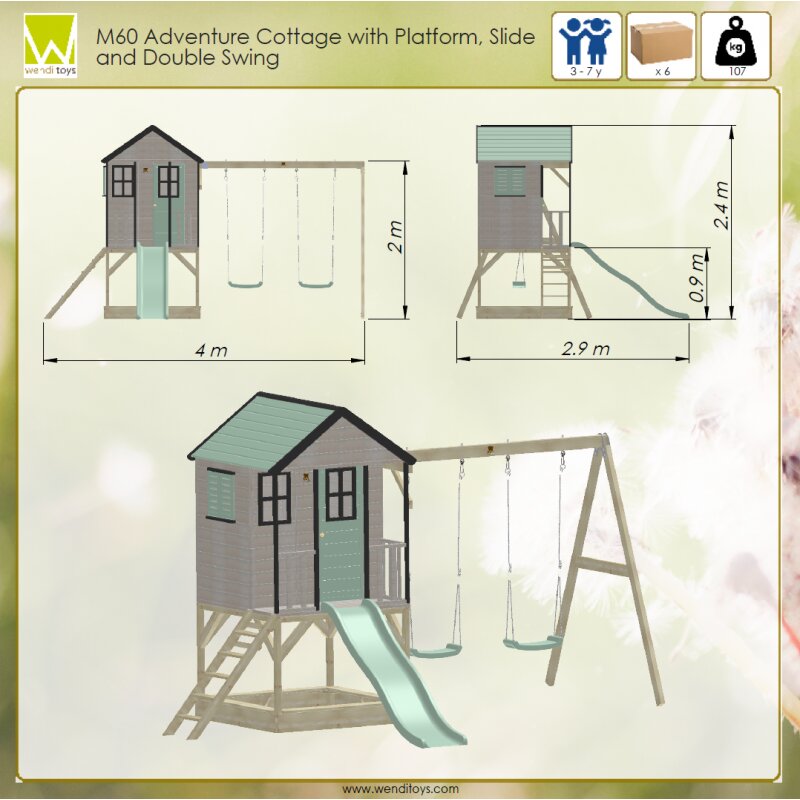 Wendi Toys Casuta de gradina Pastel Pink Adventure Cottage cu platforma tobogan si leagan dublu