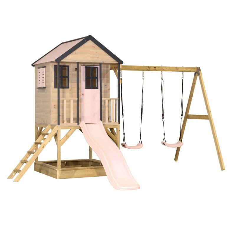 Wendi Toys Casuta de gradina Pastel Pink Adventure Cottage cu platforma tobogan si leagan dublu
