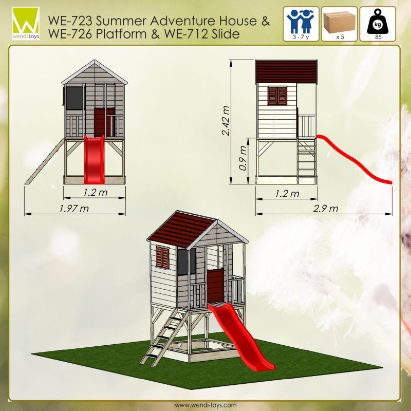 Wendi Toys Casuta de gradina Summer Adventure House cu platforma cu loc pentru nisip si tobogan M7