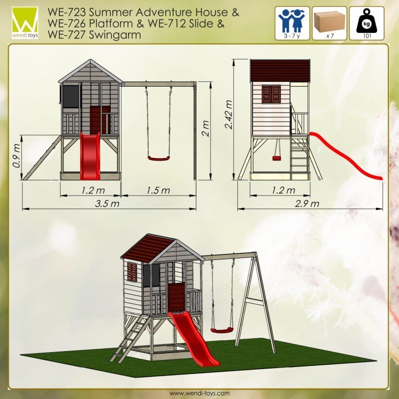 Wendi Toys Casuta de gradina Summer Adventure House cu platforma cu loc pentru nisip tobogan si leagan M9