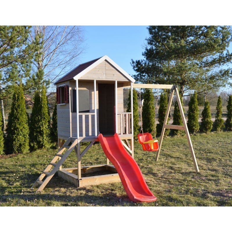 Wendi Toys Casuta de gradina Summer Adventure House cu platforma cu loc pentru nisip tobogan si leagan M9