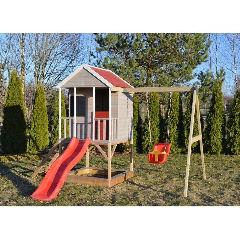 Wendi Toys Casuta de gradina Summer Adventure House cu platforma cu loc pentru nisip tobogan si leagan M9